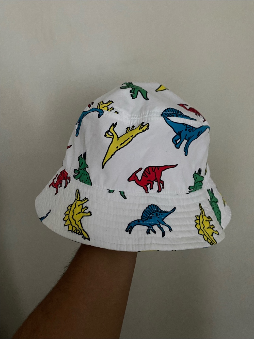White Kids Bucket Hat with Colorful Dinosaur Print- 100% Cotton